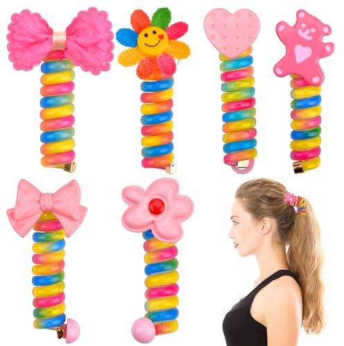 6 Stück Haargummi Telefondraht-Haarbänder für Kinder, Geflochtene Bunte Telefondraht-Haarbänder, Telefonkabel Haargummi Mit Gerader Spirale Spiral-Haargummis, Pferdeschwanz-Zöpfe für Mädchenn Dame