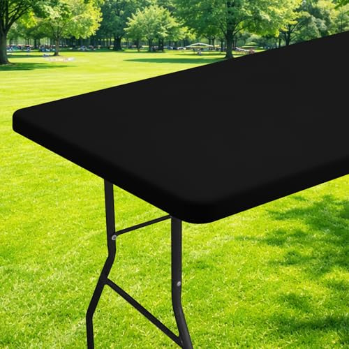 Moosfor Spandex 6 Foot Rectangle Table Cloth, Elastic Fitted Tablecloths for Picnic, Stretch Washable Patio Table Cover for Outdoor, Camping, Banquet and Parties (Black, 30x72)