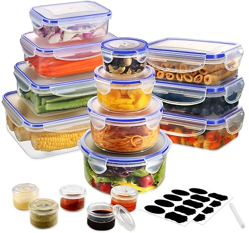 YASHE 32PCS Plastic Food Containers with Lids, Airtight Food Storage Containers for Kitchen Storage, 100% Leakproof, BPA-Free Meal Prep Containers with Labels & Marker