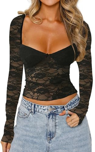 ZZLBUF Sexy Crop Floral Lace Sweatheart Neck Tops for Women Long Sleeve Slim Fitted Low Cut Shirt Y2k Going Out Streetwear (Black, M)