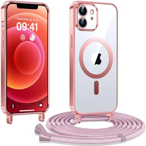 Kokio Handykette Hülle für iPhone 12/ iPhone 12 pro mit Band, Magnetische Transparent Handyhülle Kompatibel mit MagSafe, Kratzfeste Stossfest Schutzhülle mit Einstellbar Kette,Rosé