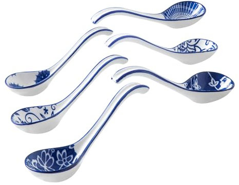 Gibsimi Cuchara de sopa asiática de cerámica – Cucharas japonesas de ramen de 6.3 pulgadas, cucharas de sopa china para albóndigas Pho Wonton Miso, guisos de cereales, fideos, color azul vintage