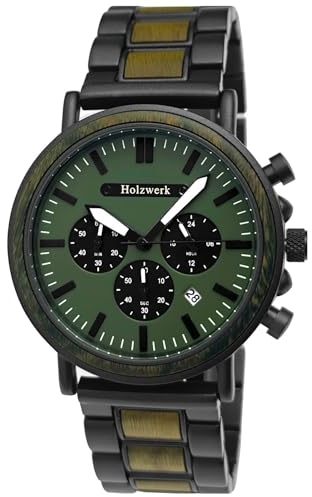 Holzwerk Germany Handgefertigte Designer Herren-Uhr Öko Natur Holz-Uhr Chronograph Armband-Uhr Analog Quarz-Uhr Grün Braun Schwarz Datum Holz