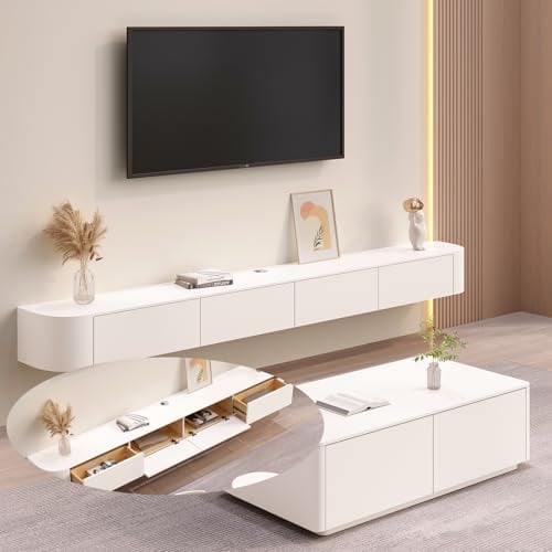 XDXINY Console multimédia flottante - Grande taille - Meuble TV mural - Plusieurs compartiments de rangement - Convient pour salon, chambre à coucher, etc. (blanc, 160 x 20 x 24 cm)