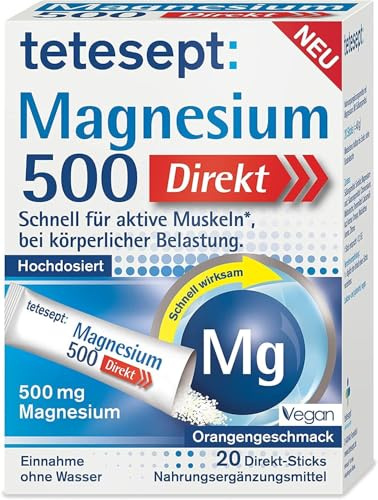 tetesept Magnesium 500 Direkt | 5 x 20 Direct-Sticks | Nahrungsergänzungsmittel mit Magnesium Pulver zur Einnahme ohne Wasser - Schnell für aktive Muskeln – (5er Packs)