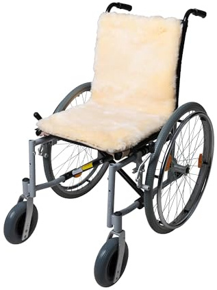 Fellhof Lammfell Sitzkissen für Rollstuhl Rollstuhlauflage mit Rückenteil 100% Merino-Lammfell, Oeko-TEX® Zertifiziert, waschbar bei 30 °C (Creme, 84 x 42 cm)