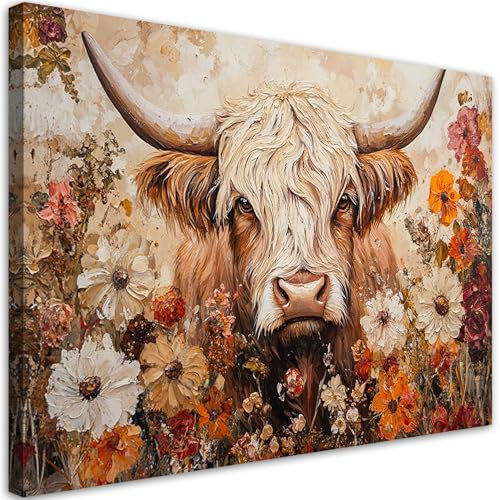 Feeby Leinwandbilder - Deko Bilder - Schottische Retro Kuh Blumen - Canvas 120x80 cm XXL 1tlg- Wandbilder Schlafzimmer - Aesthetic Room Decor - Modern Wanddeko - Bild auf Leinwand - Fertig Gespannd