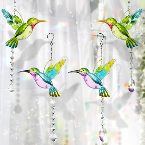 cersaty Kolibri Sonnenfänger, 41×18cm Suncatcher Kristalle 4 STK | Suncatcher Kristalle zum Aufhängen lichtfänger mit 4 Stk Haken für Fenster, Garten, Schlafzimmer, Hochzeit Dekor
