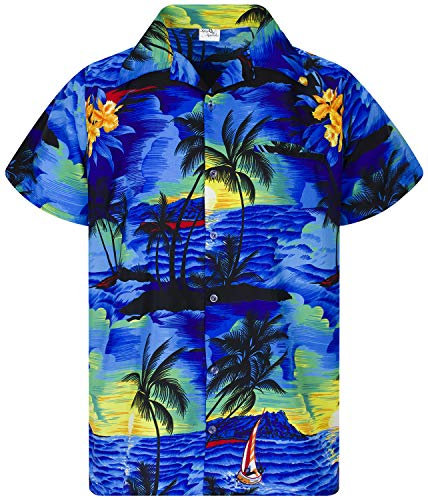King Kameha Men's Surf-Shirt Short-Sleeve Casual-Button-Down Hawaii-Vacation, Surf, Blue, 7XL