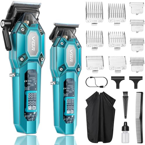 VGR Professioneller Haarschneider für Herren, Kabelloses Barber Set, Haarschneidemaschine Set mit 10 Aufsteckkämmen, USB Wiederaufladbarer Profi Haarschneider mit LED-Anzeige, Grün