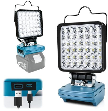 Tragbares Akku Lampe für Makita 18V, 2 Helligkeit, 90W 7000LM LED Arbeitsleuchte, 120° Drehbarer Kabelloses LED Strahler mit USB & Type-C 2 Ladeanschlüssen für Reparatur, Baustelle, Camping(Kein Akku)