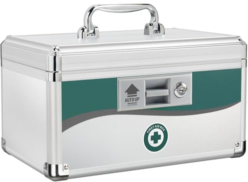 Glosen Medicine Lock Box with 2 Keys, Lockable Storage Box for Medication Organizer, Empty First Aid Box with Removable 3-Compartment Tray for Home, Travel, College Dorm 12 * 7.7 * 7.9 inch