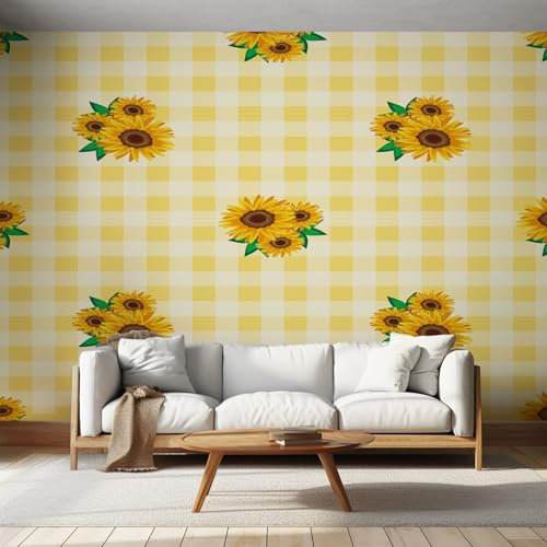Générique Papier Peint Panoramique 350x256 cm Revêtement Mural pour Cuisine, Tournesol Motif Mur Papier Peint Intissé, Jaune Ferme Fleurs Décoration