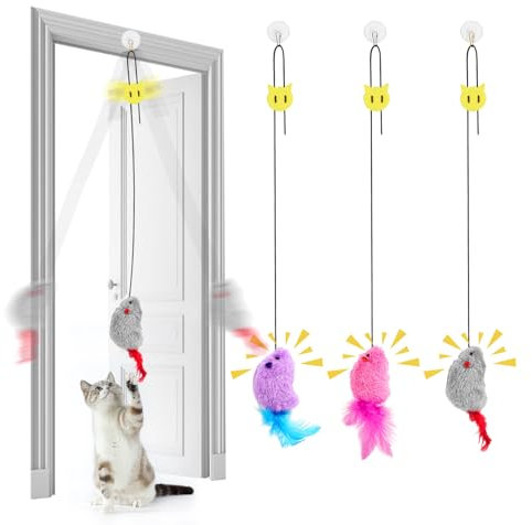 AYESY Indoor Cat Toys, 3 Pack Door Hanging Interactive Cat Mice Toys with Feather Tail and Squeaky Sound, No Batteries,Adult Cats and Kittens Indoor Toy for Exercising and Boredom Relief