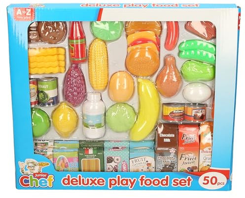 Junior Chef Deluxe Play Food Set, 50 Pieces, Educational Role Play Toys with Fruits, Vegetables, Groceries