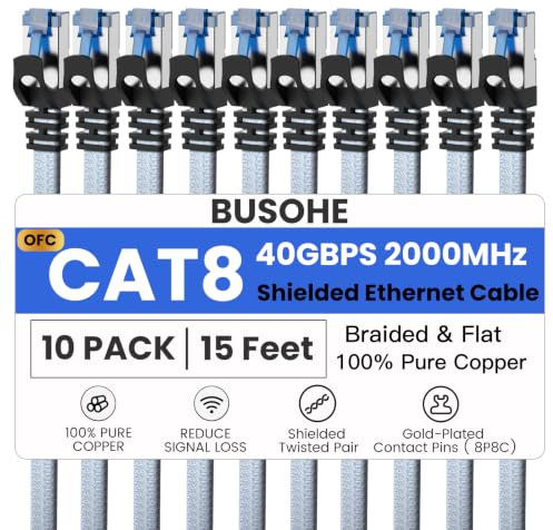 BUSOHE Cable Ethernet Cat 8 de 4,6 metros, paquete de 10 unidades, cable de conexión LAN de red trenzado de nailon de alta velocidad y resistente, 40 Gbps 2000 MHz SFTP blindado RJ45 cable plano de