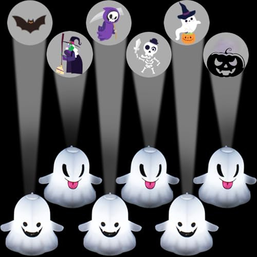 Qunkun Halloween Geisterlampe Deko, 6 Stück LED Geisterlampe Projektor, LED Halloweendeko, Tischdeko, Projektor Halloween Mitgebsel Kinder als Geschenke Gruselig Deko für Innen Fenster Gärten Party