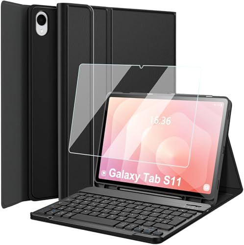 Wineecy Tastatur Hülle für Samsung Galaxy Tab S11 2025 11 Zoll SM-X730/ SM-X736B mit S Pen Halter, 9H Härte Schutzfolie, Slim Schutzhülle mit Magnetisch Abnehmbare Kabellose Deutsches QWERTZ Tastatur