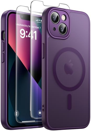 FLLAO Magnétique Coque pour iPhone 13 avec 2 Verres Trempés, Violet | Compatible avec Mag Safe, Coque Mat Translucide Fine Antichoc, PC Dur Housse Arrière Anti-Rayures + TPU Bumper Antichoc