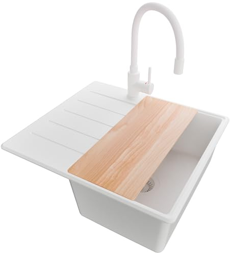 PRIMAGRAN Fregadero Granito Todo Blanco 55x50cm, Cocina 1 Seno + Grifo 38x14cm + Sifón + Tabla de cortar, Sobre encimera al mueble 40cm - Copenhague