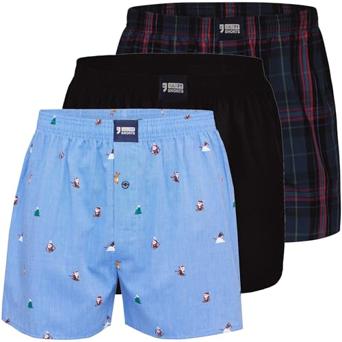 Happy Shorts Herren Weihnachts-Webboxer 3er Pack aus 100% Baumwolle mit Center Seam und moderner Passform