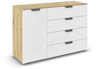 Rauch Möbel ADITIO, Kommode, Farbe Weiß/Eiche Artisan, Breite 120 cm | Sideboard im modernen Look, 1-türig, 4 Schubladen, Soft-Close, für Schlafzimmer, Gästezimmer, Wohnzimmer, Garderobe, Flur