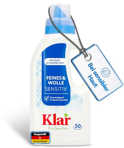 Klar EcoSensitive Waschmittel Feines & Wolle SENSITIV, 500ml - Ohne Duft | Hypoallergenes Flüssig-Waschmittel - Ideal für alle Naturfasern bei 20-40°C - Fasertiefe Reinheit für Wolle, Seide & Feines