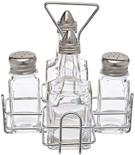 New Star Foodservice 22209 Holder with 2 Square Salt and Pepper Shakers and 2 Oil and Vinegar Cruets