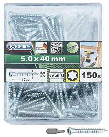 Connex Holzverbinderschrauben 5,0 x 40 mm - 150 Stück - TX-Antrieb - Mit Unterkopfverstärkung - Verzinkt - Inkl. Bit - Made in Germany / Winkelbeschlagsschrauben / Schrauben-Box / HV4550