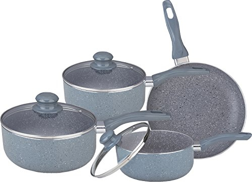 7PC Marble Coated Aluminium Non Stick COOKWARE Set Frying PAN Saucepan Glass LID (Grey)