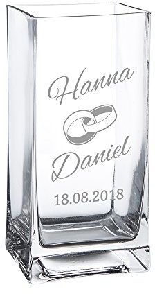 Casa Vivente Vaso da Fiori in Vetro con Incisione Personalizzata con Nomi e Data, Motivo FEDI Nuziali, Vasi da Interno, Idee Regalo Originali per Sposi, Decorazioni Matrimonio, Anniversario