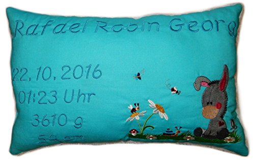 Momelie Türkieses Schmusekissen * Kuschelkissen * Esel * mit Namen Bestickt * ca. 25 * 40 cm groß * SK-bl_0103