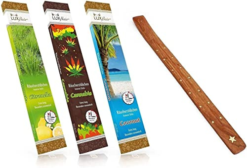 LUXflair Sparset XXL: 3 Packungen Riesen-Räucherstäbchen Jamaica, Citronella, Kokosnuss 3x20 Stück, mit Glimmdauer bis zu 3h pro Stäbchen, für BBQ, Grillfeste, Camping, Festivals, inkl. Halter