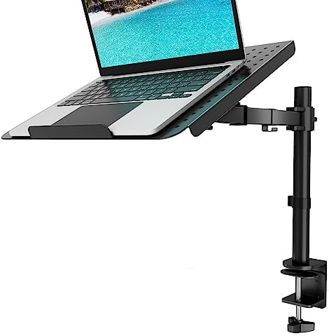WALI Laptop Desk Mount with Tray, Fully Adjustable Laptop Arm for 1 Laptop Notebook up to 17 Inch, Laptop Mount with Vented Cooling, Dual Mounting Options, Black (M00LP)
