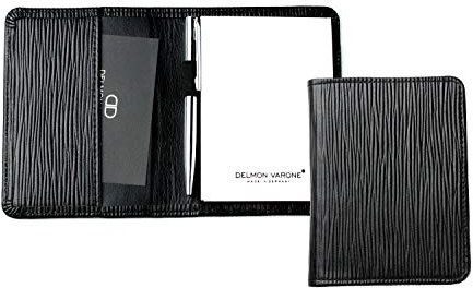 DELMON VARONE - Personalisierbares Notizblock Etui DIN A7 aus Premium Leder Manhattan schwarz, Taschen Memoblock im Lederetui mit Mini Kugelschreiber, Stiftschlaufe, Einschubfach und Notizblöcke
