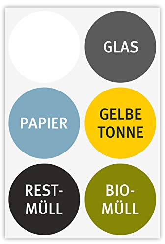 younikat Mülleimer-Aufkleber zur Mülltrennung in bunt I Sticker-Set 6 Stück rund für Alt-Glas Papier gelbe Tonne Restmüll Biomüll I hin304