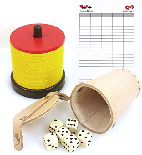 Ludomax Würfelbecher mit Deckel, inkl. Schockenbesteck, 6 Würfel und Punkteblock