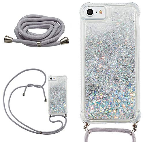 DasKAn Glitzer Flüssig Durchsichtig Hülle für iPhone 6 / 6S / 7/8 mit Handykette, Glänzend Treibsand Luftkissen Weich Gummi Stoßstange Handyhülle Stoßfest Silicone TPU Schutzhülle, Silber