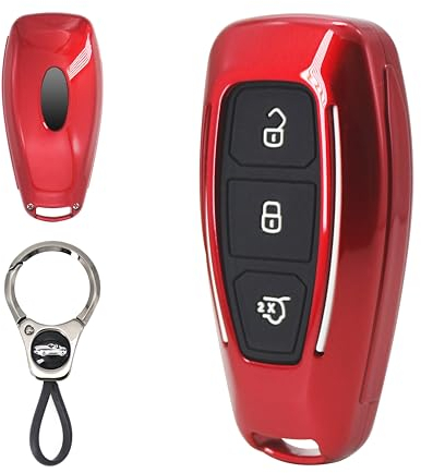 A/A Coque de protection complète pour clé de voiture Ford, télécommande à 3 boutons, avec porte-clés coriacé, compatible avec Ford Ford Focus/Fiesta/Kuga/C-Max, etc. - Rouge