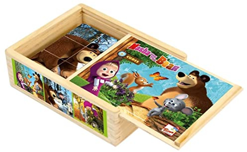 Mascha und der Bär Bilderwürfel aus Holz, 12 Würfel, Spielzeug für Kinder (Holzspielzeug ab 1 Jahr, Förderung der Hand-Augen-Koordination und Motorik, Maße: 16,3 x 5,1 x 13 cm), Mehrfarbig