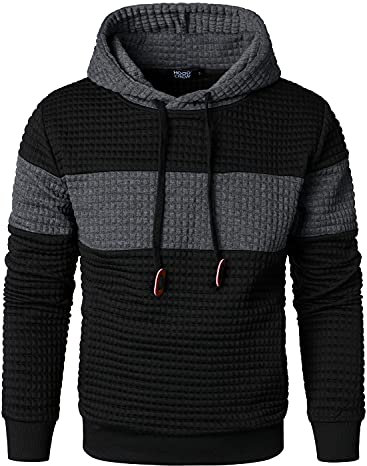 HOOD CREW Men’s Sweatshirts Long Sleeve Pullover Patchwork Plaid Jacquard Hoodie Casual Drawstring Hoody Top Black XL
