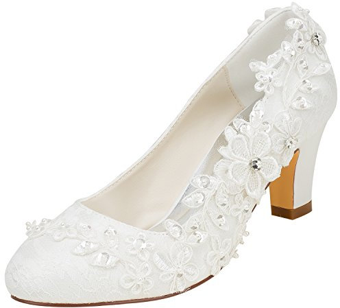 Emily Bridal Women Wedding Shoes Silk Satin Chunky Heel Pumps with Stitching Lace Flower Crystal Pearl (Ivory, UK7.5/EU41)