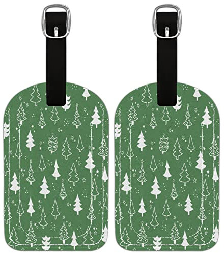 Lot de 2 étiquettes à bagages pour valises, valises, étiquettes d'identification - Sapin de Noël vert et blanc - Porte-cartes de visite en cuir avec étiquette de nom
