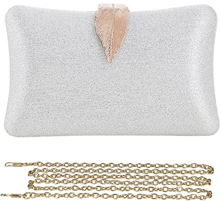 CORIOS Clutch Damen Kette Abendtasche Glitter Handtasche Glänzend Schultertasche Umhängetasche mit Blatt Schnalle Verschluss Portemonnaie Tasche für Cocktailparty Abendparty Tanzparty Weiß