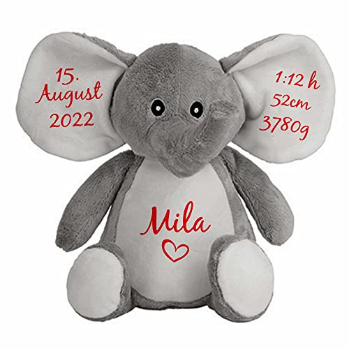 mamir home Elefant Baby Geschenk Kuscheltier personalisiert mit Name & Geburtsdaten I 28cm I Geschenkidee zur Geburt I Taufe, Geburtstag & Weihnachten