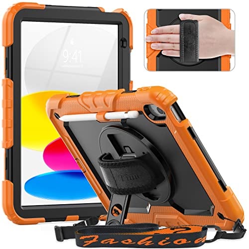 Timecity Hülle für iPad 11(A16) 2025 11Zoll/iPad 10 Generation Hülle 10.9 Zoll 2022, Stoßfeste Schutzhülle mit Displayschutz Handschlaufe Schultergurt 360°-Drehbarer-Ständer Stifthalter Outdoor-Orange
