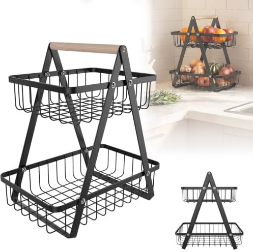 LARS360 Obst-Etagere mit 2 Tieren Obstschale 27x17x30cm Obstkorb Obstschale Brotkorb Gemüsebrotkorb Modern für Küche Deko Gemüse Obst Snacks (Schwarz)
