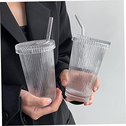 Heall Glass Cups with Lids and Straws, 2Pcs Ribbed Glassware Vertical Striped Glass Coffee Mug with Straw and Lid Smoothie Iced Coffee Mug 375ML
