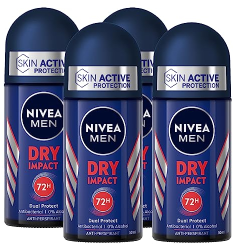 Nivea Men Dry Impact Deodorant Roll-On für Herren, Antitranspirant für alle Hauttypen Dual Protect 72h - 4 Flaschen à 50 ml