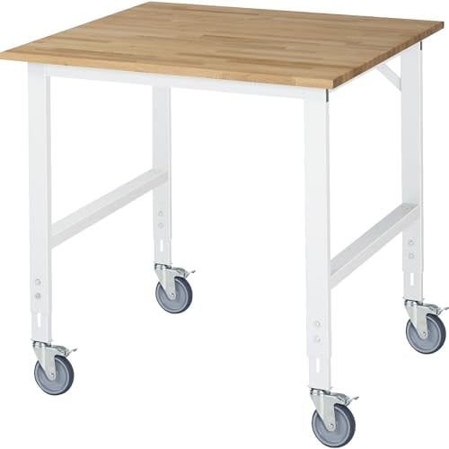 RAU | Fahrbarer Arbeitstisch | Gestell 60 x 30 mm | Platten-BxT 1000 x 1000 mm | Buche-Massivholzplatte